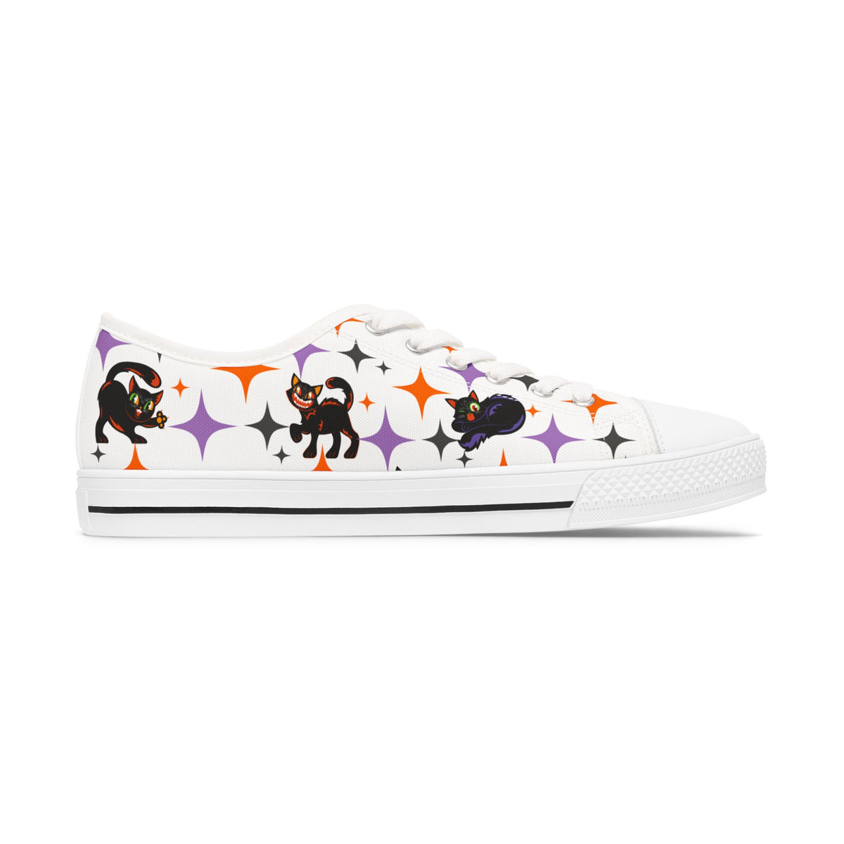Retro Black Cat Halloween Sneakers – Women’s Canvas Low Tops
