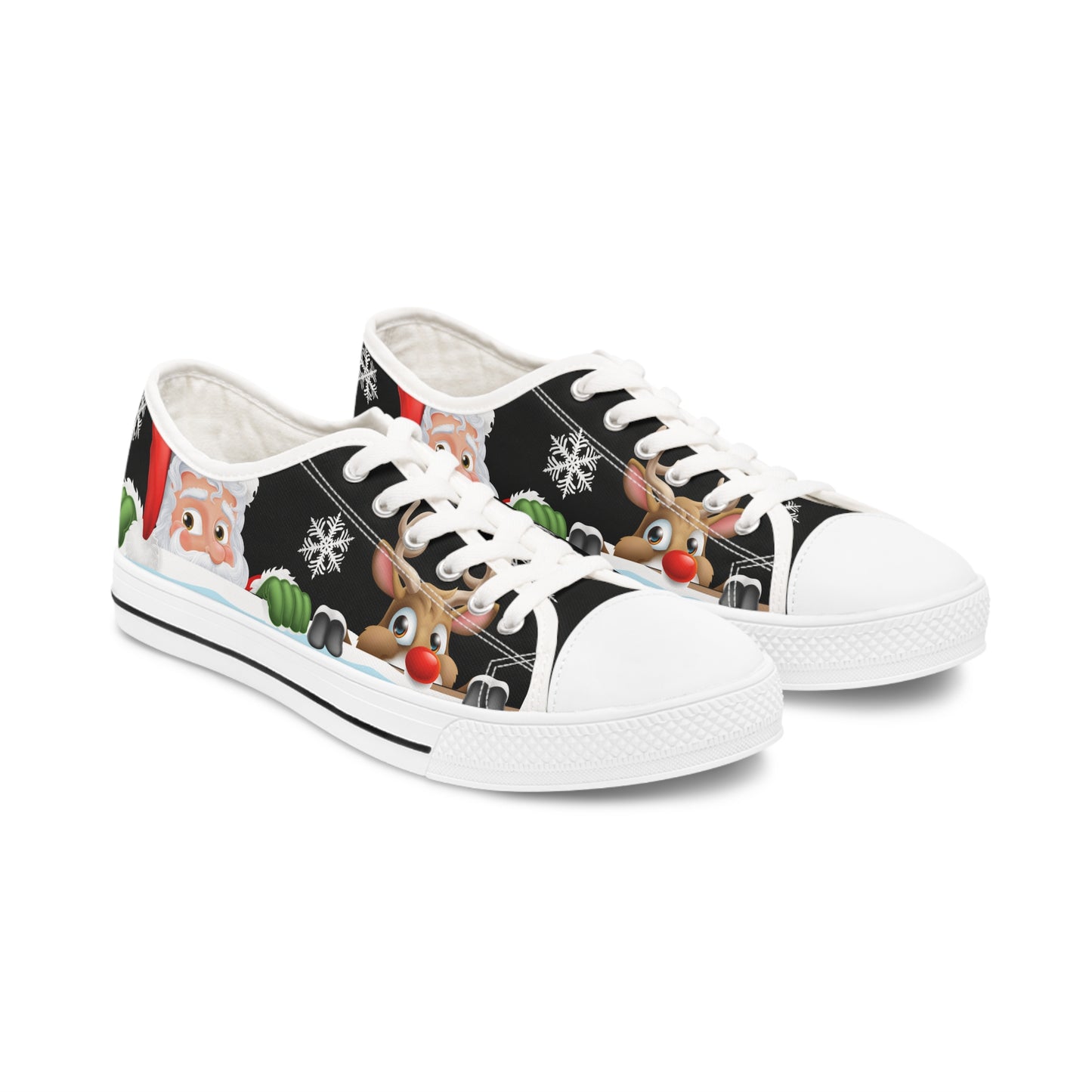 Santa and Reindeer Black Background Women's Low Top Sneakers