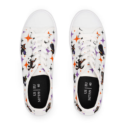 Retro Black Cat Halloween Sneakers – Women’s Canvas Low Tops