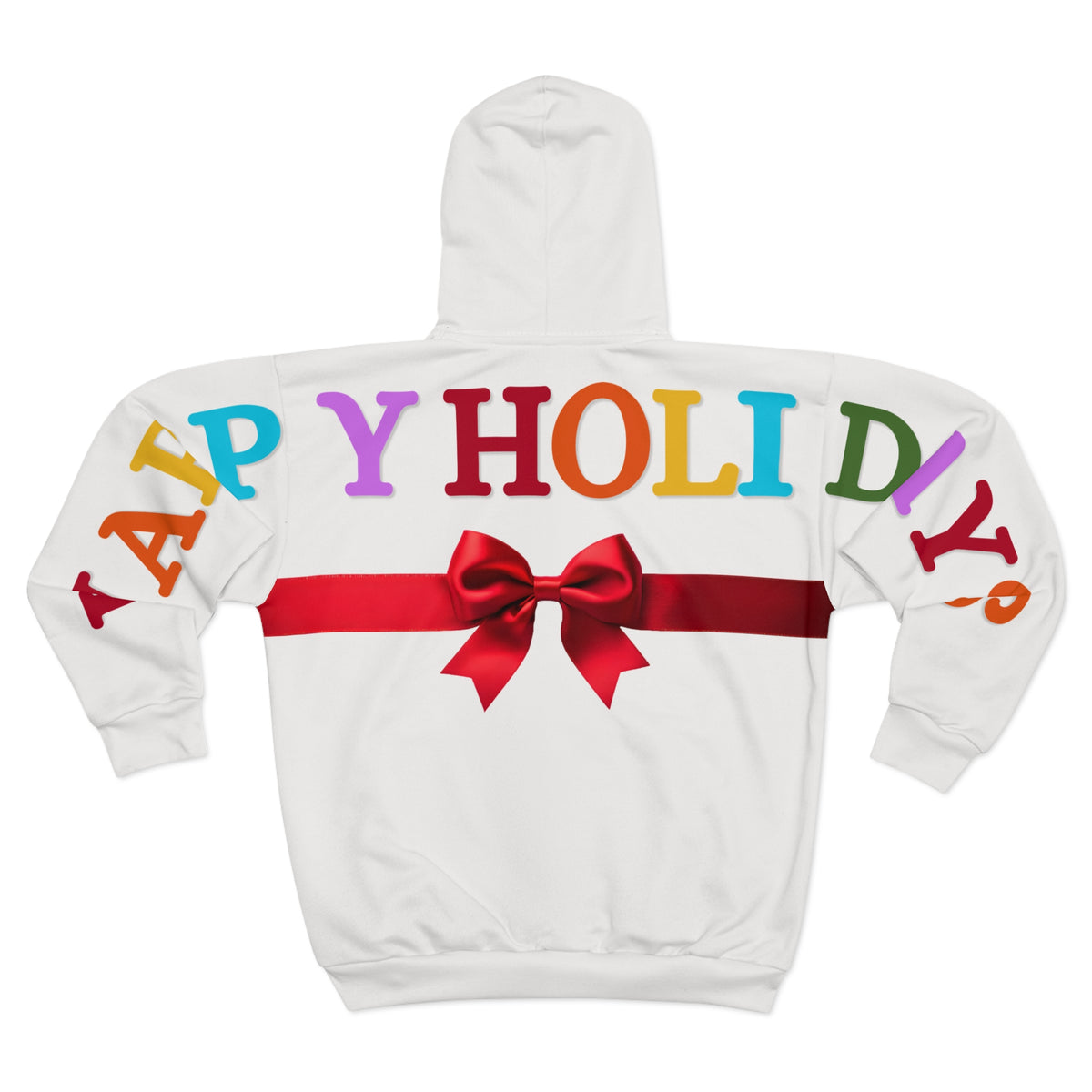 Happy Holidays Colorful Wraparound Print with Bow Design Zip Up Hoodie