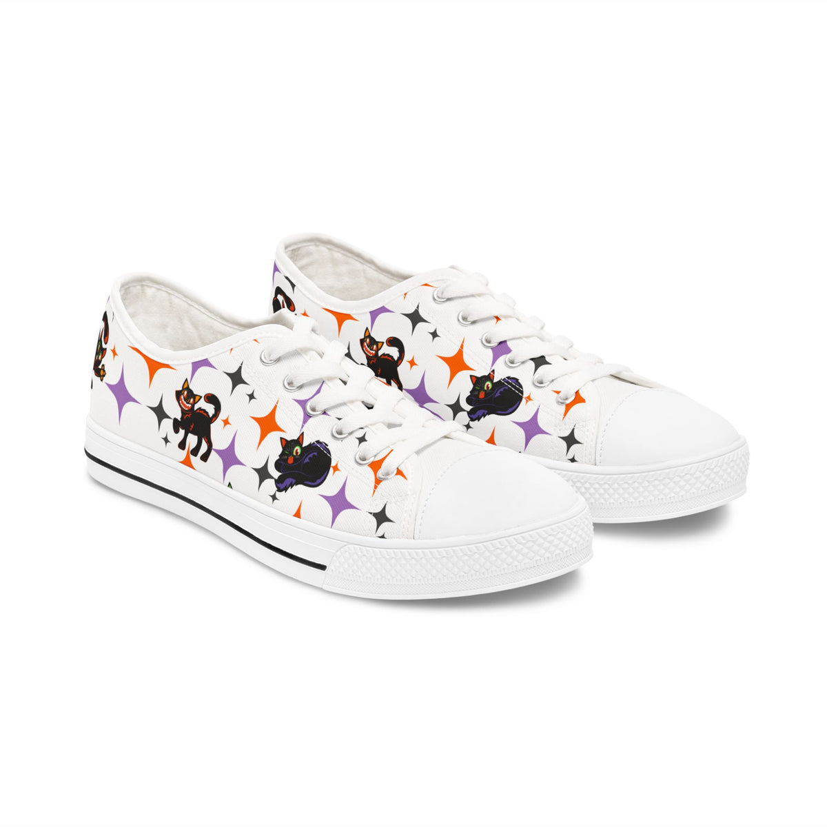 Retro Black Cat Halloween Sneakers – Women’s Canvas Low Tops