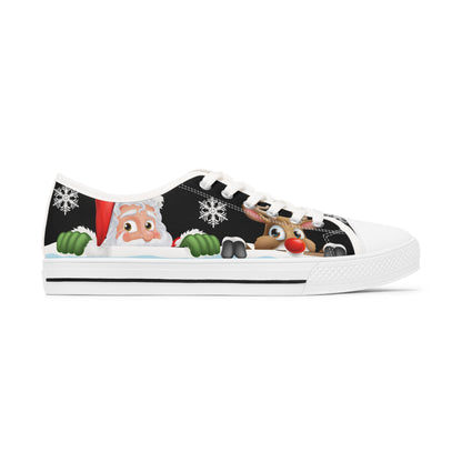 Santa and Reindeer Black Background Women's Low Top Sneakers