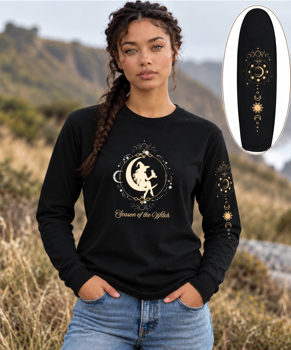 Season of the Witch Shirt, Celestial Witch Moon Phase Long Sleeve Relaxed Fit Tee