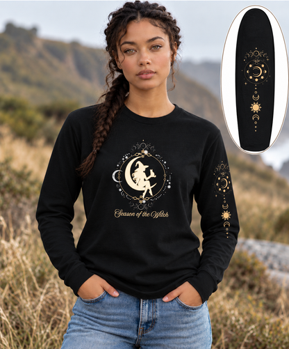 Season of the Witch Shirt, Celestial Witch Moon Phase Long Sleeve Relaxed Fit Tee