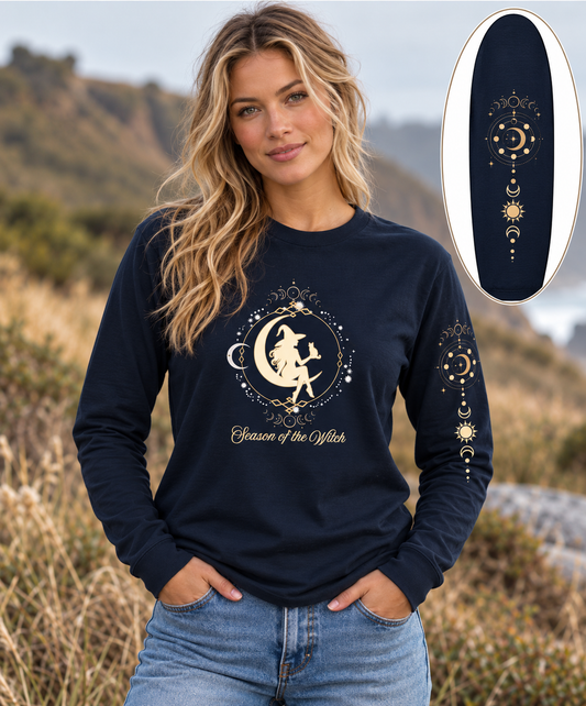 Season of the Witch Shirt, Celestial Witch Moon Phase Long Sleeve Relaxed Fit Tee