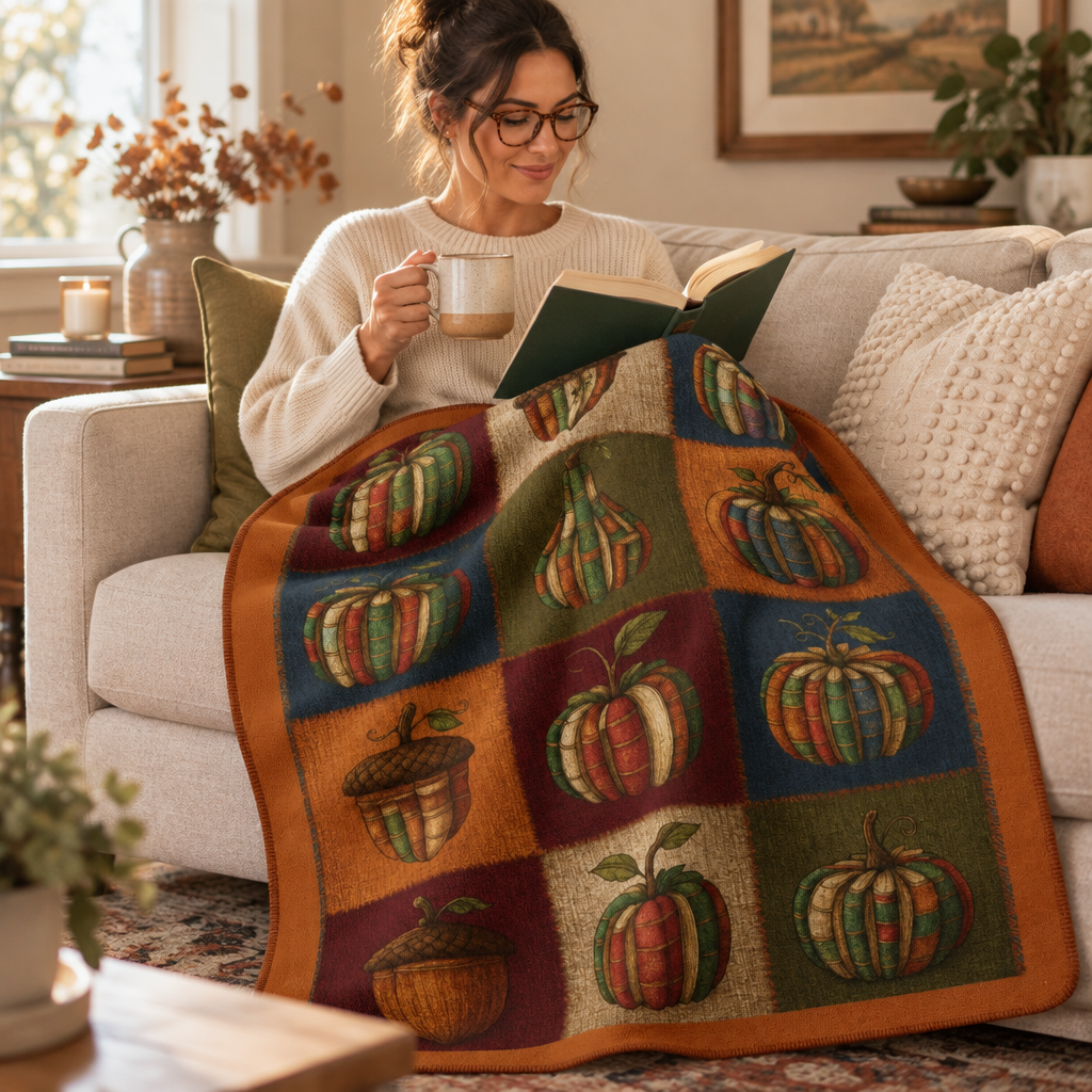 Bookish Fall Blanket, Vintage Book Pumpkin Sherpa Throw for Cozy Autumn Reading