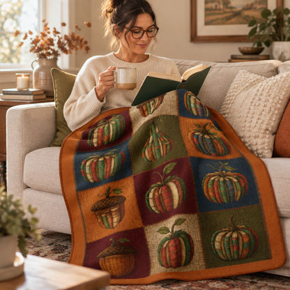 Bookish Fall Blanket, Vintage Book Pumpkin Sherpa Throw for Cozy Autumn Reading