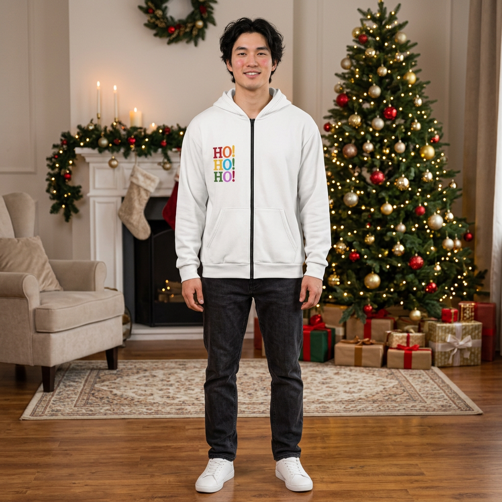 Happy Holidays Colorful Wraparound Print with Bow Design Zip Up Hoodie