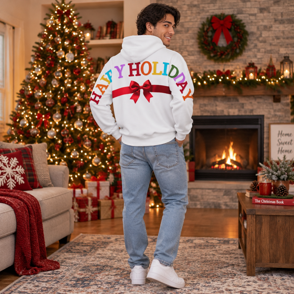 Happy Holidays Colorful Wraparound Print with Bow Design Zip Up Hoodie