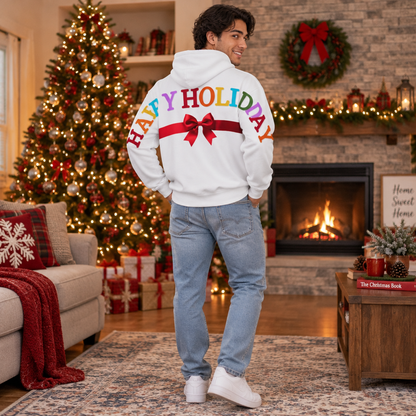 Happy Holidays Colorful Wraparound Print with Bow Design Zip Up Hoodie
