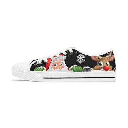 Santa and Reindeer Black Background Women's Low Top Sneakers