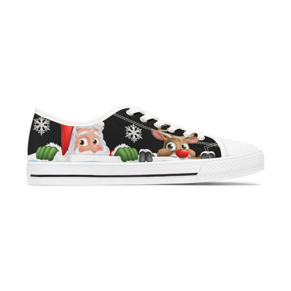 Santa and Reindeer Black Background Women's Low Top Sneakers