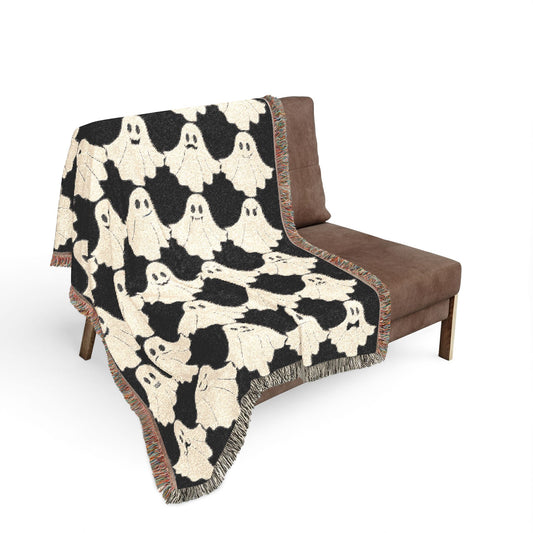 Ghost Faces Woven Throw Blanket – Black & Cream Halloween Décor