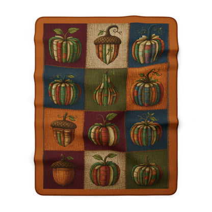 Bookish Fall Blanket, Vintage Book Pumpkin Sherpa Throw for Cozy Autumn Reading