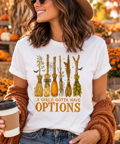 Witch Broom Shirt, A Girl’s Gotta Have Options Halloween Graphic Tee